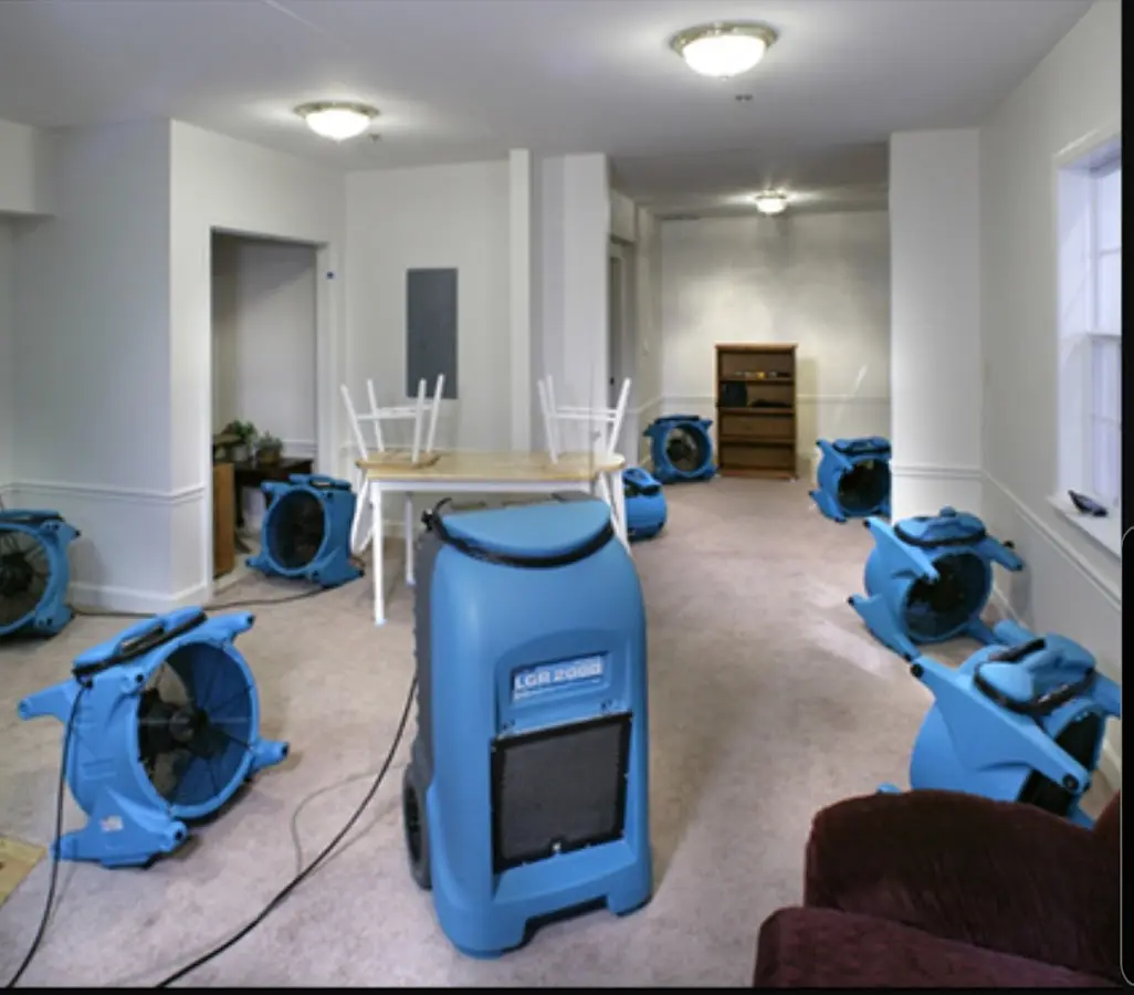 Air movers and dehumidifier setup for Water Damage Restoration in East Bridgewater